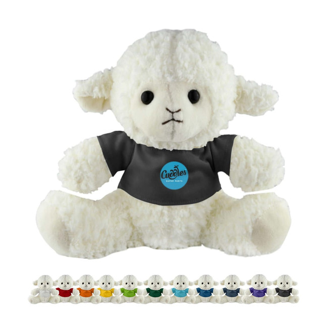 A plush sheep toy in white, wearing a grey shirt with a logo, featuring a variety of coloured shirts below.