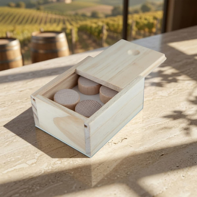 A wooden box containing multiple natural wood wine stoppers, set on a stone surface with a vineyard backdrop.