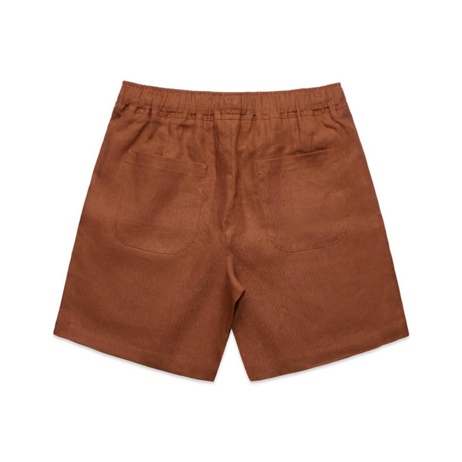 Linen shorts in a rich brown hue, featuring an elastic waistband and two back pockets.