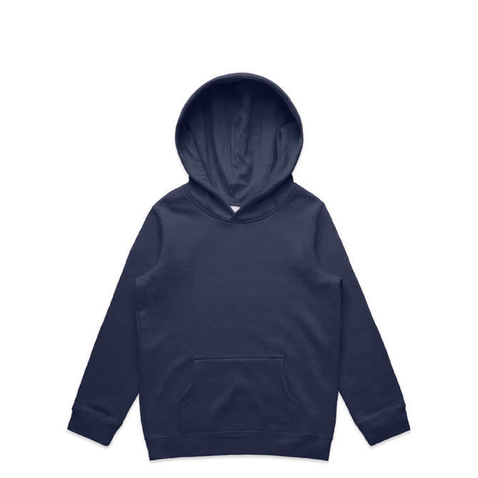 A navy blue hoodie with a kangaroo pocket and a spacious hood. It features a logo on the front.