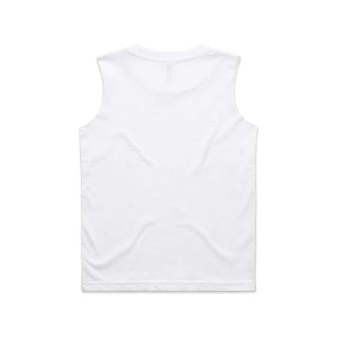 A white sleeveless tank top with a plain back, featuring a logo.