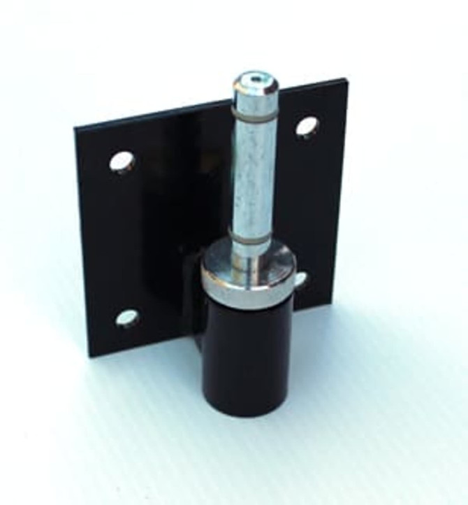 A black wall mount bracket with a metallic cylindrical part and a flat backing plate featuring holes for installation.
