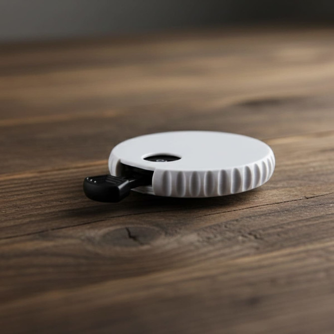 A drink bottle opener in white with a textured grip, resting on a wooden surface. It includes a branding logo.