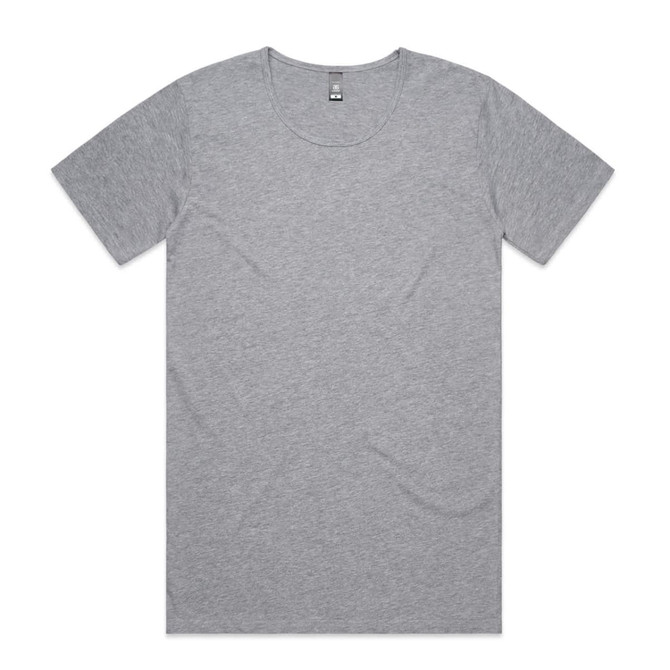 A grey T-shirt with a round neckline and short sleeves, featuring a label inside and no visible logos.