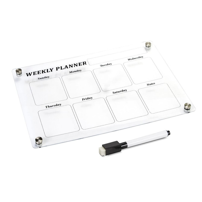 A transparent weekly planner with labelled spaces for each day and a black dry-erase marker. It features metal corners.