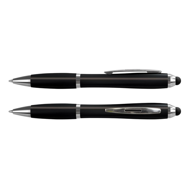 A stylus pen in sleek black with silver accents, featuring a smooth finish and a branding logo.