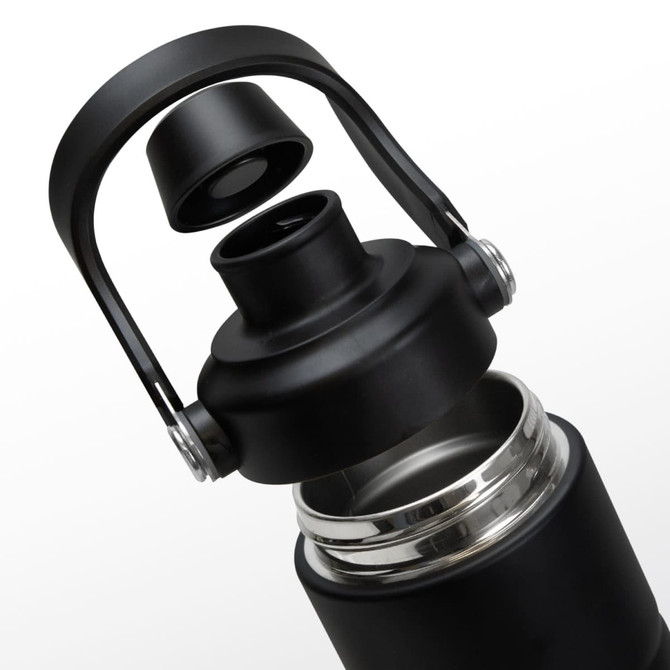 A drink bottle in matte black with a removable lid and handle, featuring a stainless steel interior and a logo.