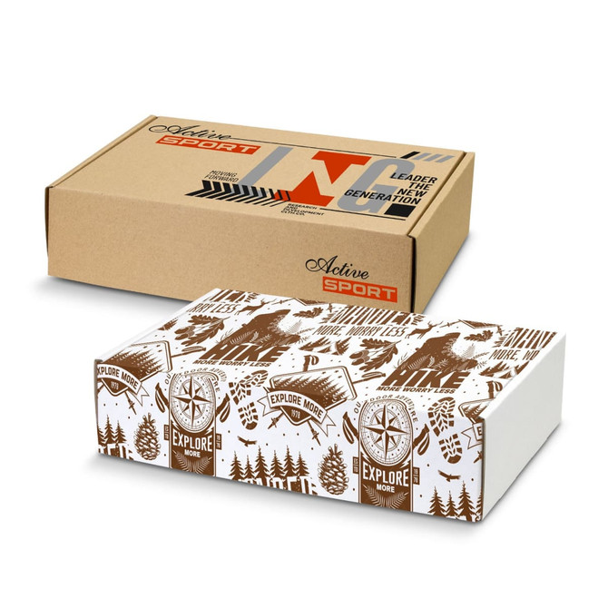 A die cut box with a locking lid, featuring a brown and white design, with an outdoor exploration theme. It has a logo.