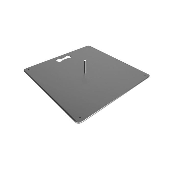 A grey square base with a central pole for supporting a feather flag, featuring holes at the corners for secure placement.