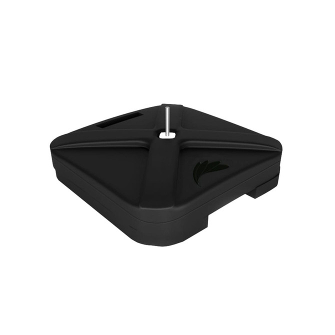 A black base for a small feather flag kit, featuring a central hole and a logo.