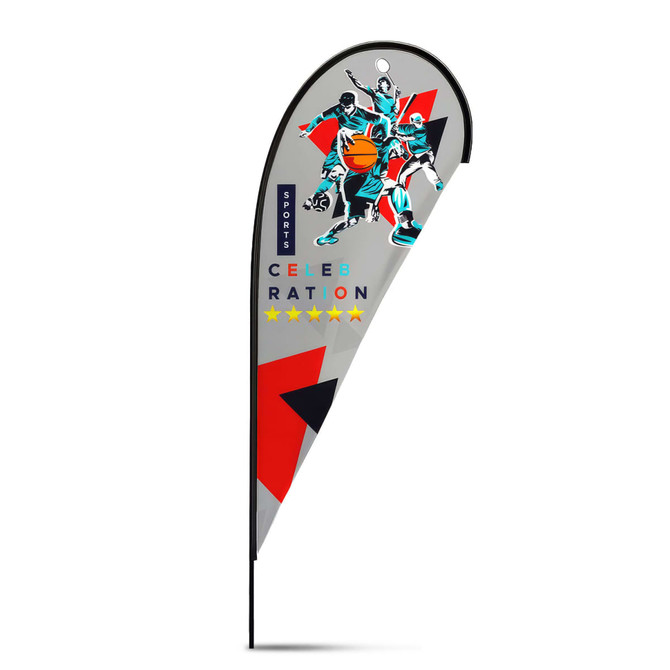 A large tear drop flag kit featuring a vibrant design with multiple colours, incorporating a logo and sporty graphics.