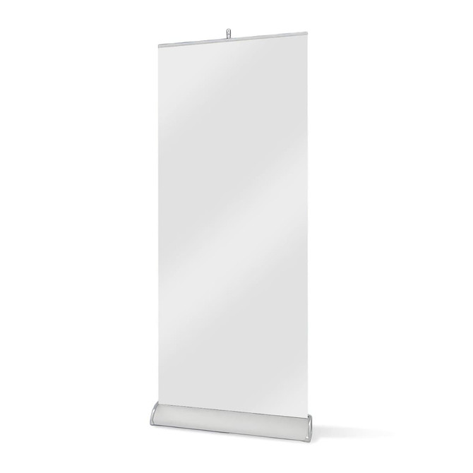 A pull-up banner stand featuring a blank, white banner and a silver base. Ideal for promotional displays.