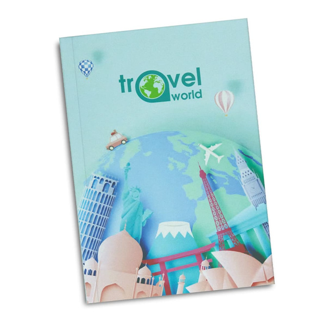 A notebook with a blue and green cover featuring a globe and various travel landmarks, along with a logo.