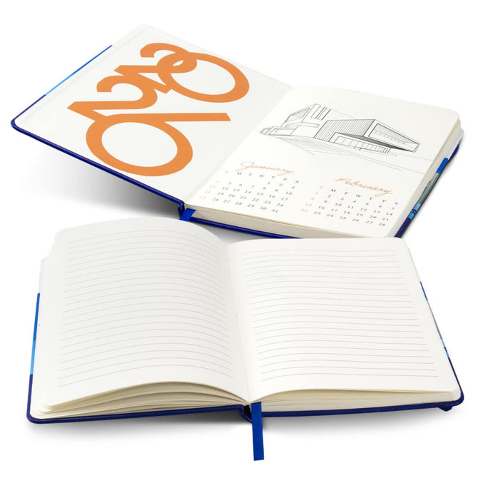 A blue notebook with full-colour illustrations, featuring calendar pages and blank lined pages inside.