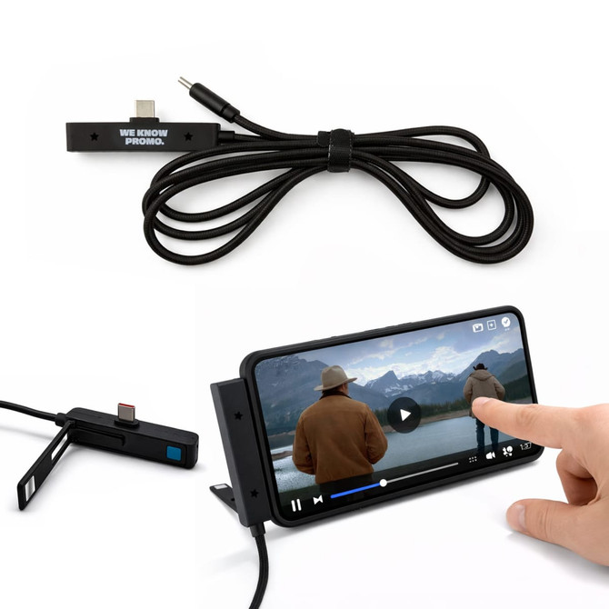 A black charging cable designed for smartphones, featuring multiple connectors and a small display stand.