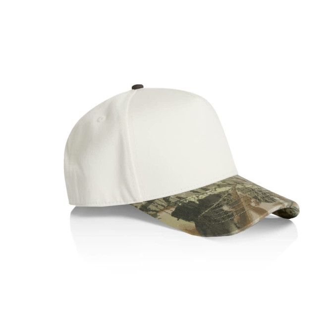 A two-tone camo cap featuring a white body and a camo-patterned brim, with a logo on the front.
