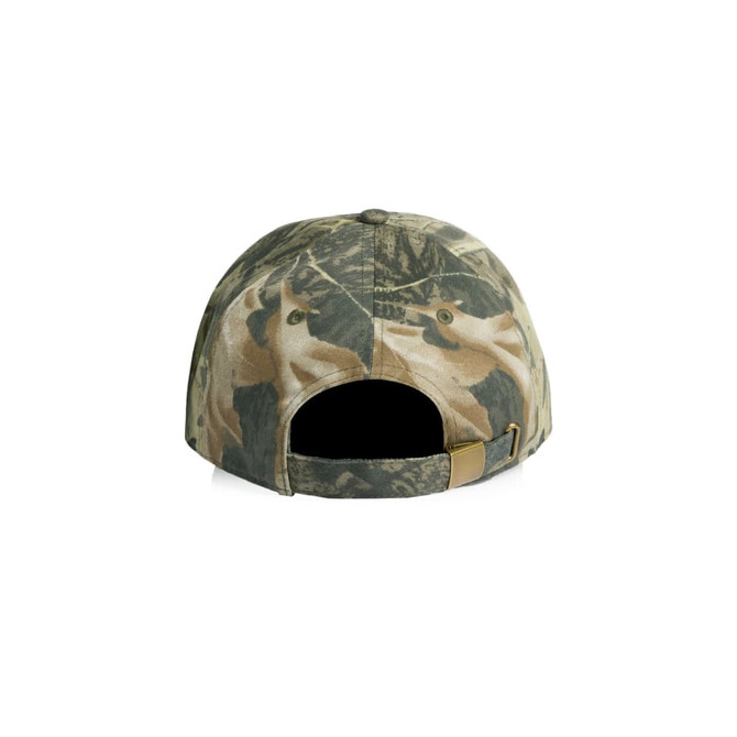 A camo cap featuring a blend of greens and browns, with a brass fastening at the back and a logo.