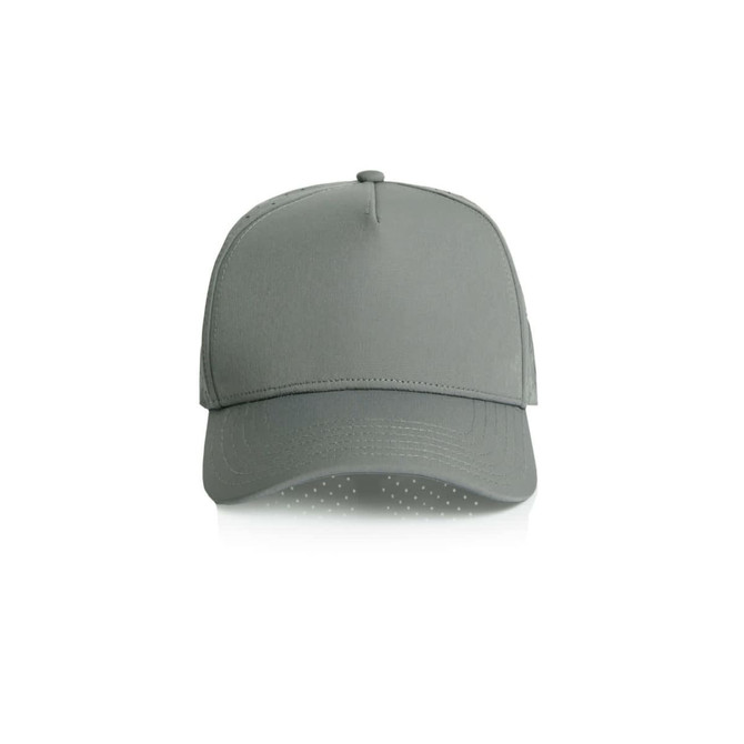 A grey perforated cap with a structured design and a logo on the front. Ideal for casual wear.