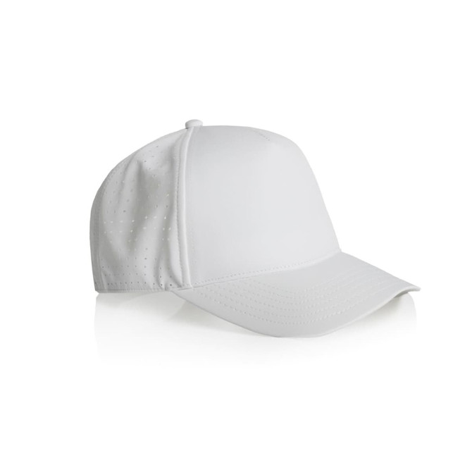 A white perforated cap with a curved brim, featuring a logo on the side.