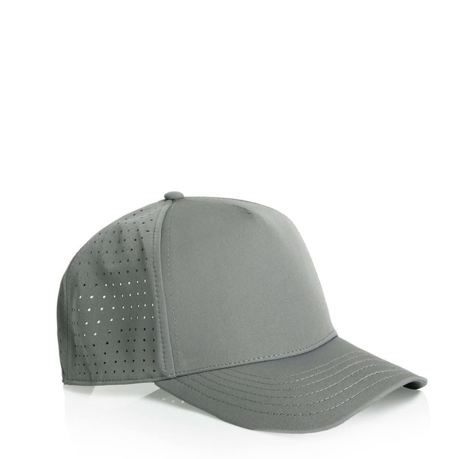 A grey perforated cap with a solid front panel and mesh side panels, featuring a logo on the front.