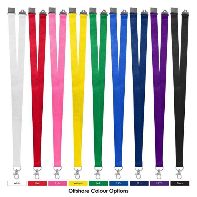 A collection of Bamboo Lanyards in various colours: white, pink, red, yellow, green, blue, purple, and black, with clips.