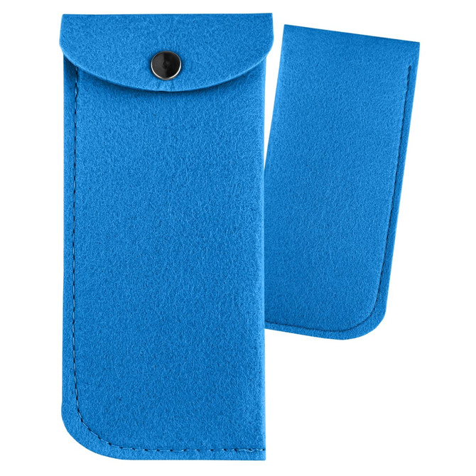 A blue felt pouch featuring a snap closure, with a smaller flap alongside it. It has a labelled logo.