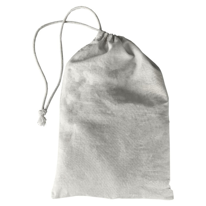 A grey drawstring bag made of soft fabric, featuring a gathered top with a cord for closure.