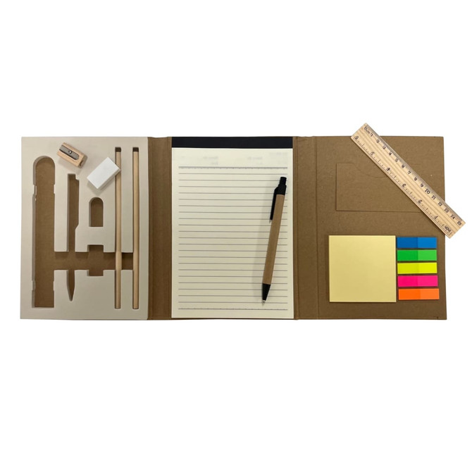 A stationery set featuring a notepad, pencil, ruler, eraser, and sticky notes in various colours, all in a brown portfolio.