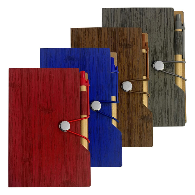 A set of four notebooks in red, blue, brown, and green with a pen attached, featuring a button closure.