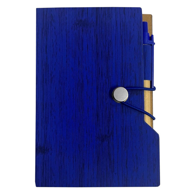 A blue sticky note pad with a wooden texture, featuring an elastic band and a pen holder. It has a simple logo.