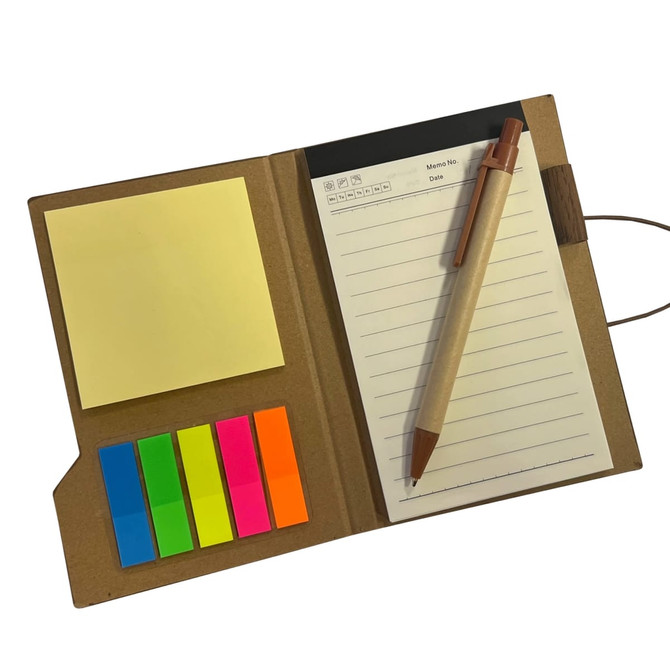 A sticky note pad in a brown cover with yellow, pink, green, and blue sticky flags and a pen.