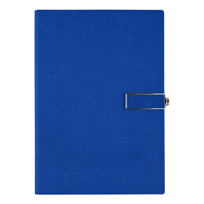 A blue notebook with a textured cover and an attached metal clasp, featuring a logo on the front.