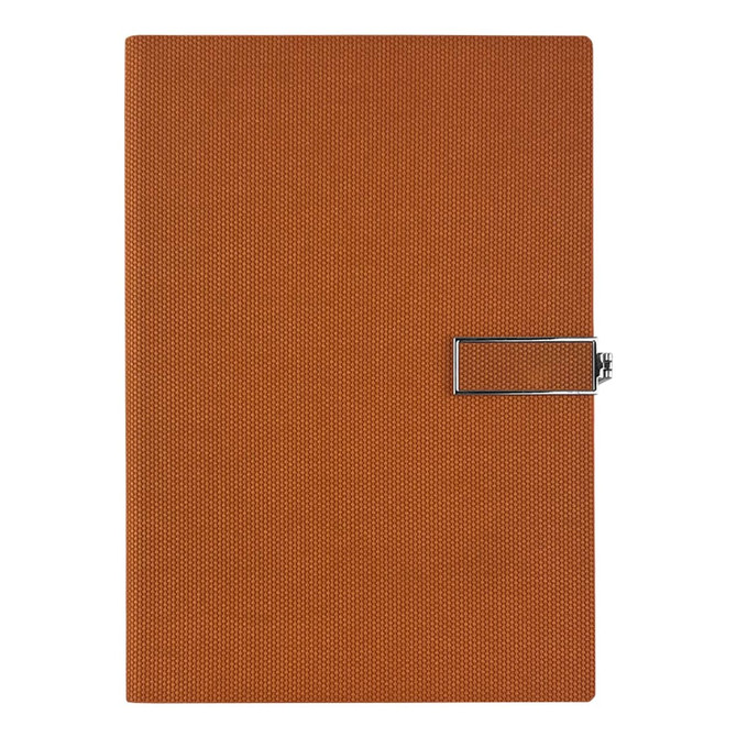 An orange notebook with a textured cover and a metal clasp closure, featuring a logo on the front.