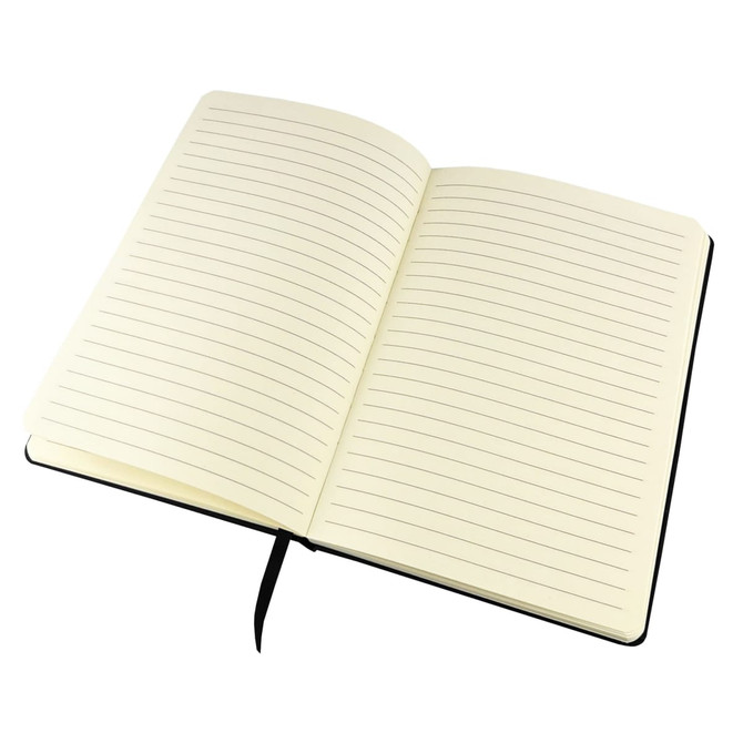 An open Finch Notebook with lined pages and a black cover, featuring a ribbon bookmark.