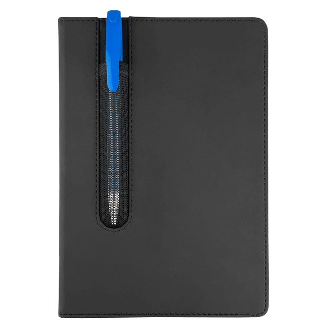 A black Finch Notebook with a blue pen in a zippered pocket on the front cover. Features a simple design.