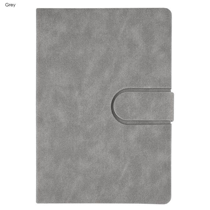 A grey notebook with a textured cover and a curved clasp closure, featuring a small logo.