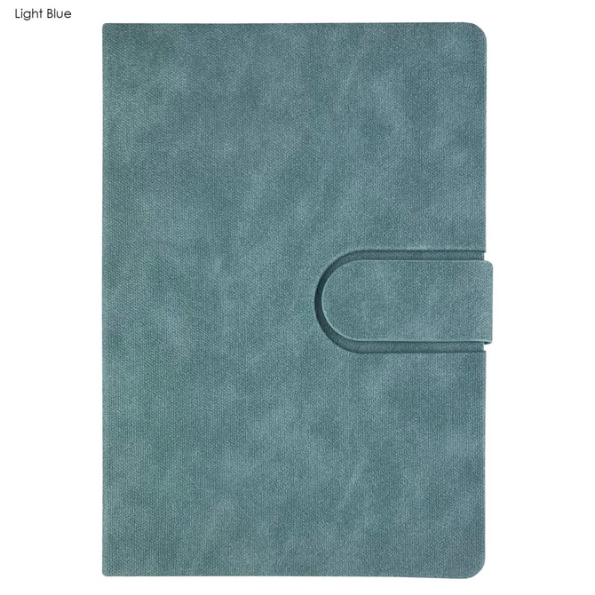A light blue notebook with a textured cover and a simple closure. It features a logo on the front.