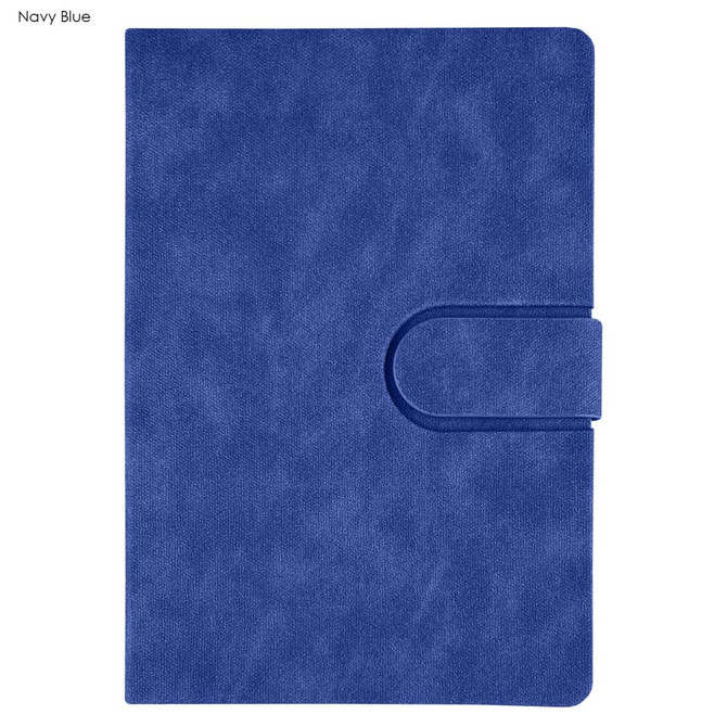 A navy blue notebook with a textured cover and a central clasp. It features a logo on the front.
