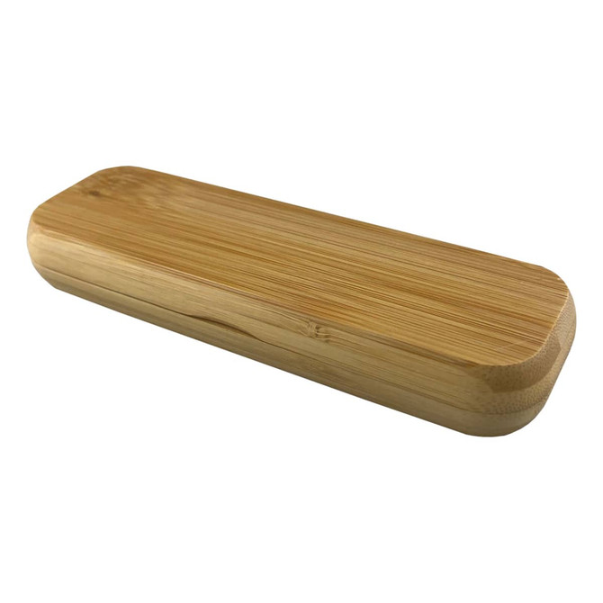 A bamboo pen presenter with a smooth, natural finish and rounded edges, featuring a subtle logo.