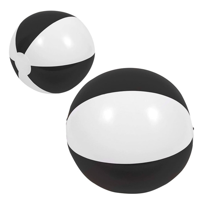 A black and white beach ball, 21cm in diameter, with a glossy finish and a logo displayed on it.