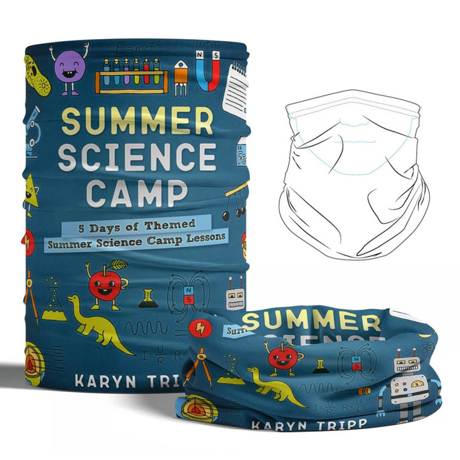 A tubular bandana for kids featuring a blue design with science-themed illustrations and a logo.