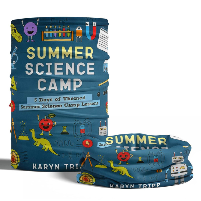 A tubular bandana designed for kids, featuring a blue background with colourful science-themed graphics and a logo.