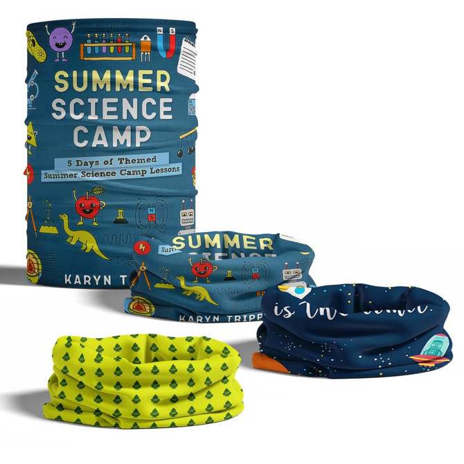 A tubular bandana in yellow with green patterns and a blue design featuring science-themed illustrations, with branding.