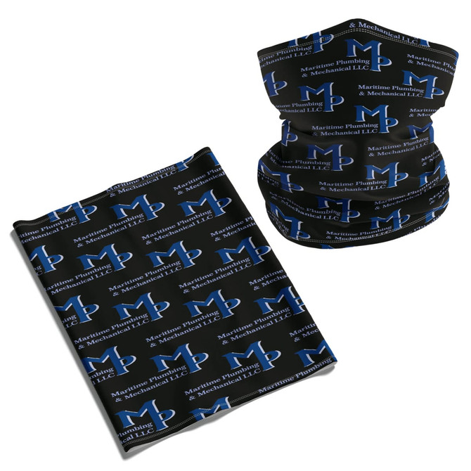 A Coolmax bandana in black featuring a repeated blue logo design. Included in a folded and rolled format.