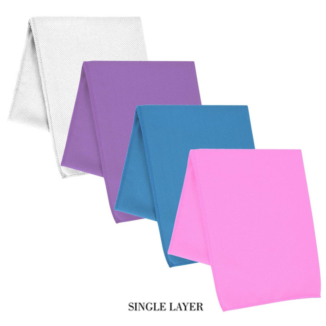 A collection of cooling towels in white, purple, blue, and pink, displayed in a layered arrangement. Each towel has a textured surface and features a logo.