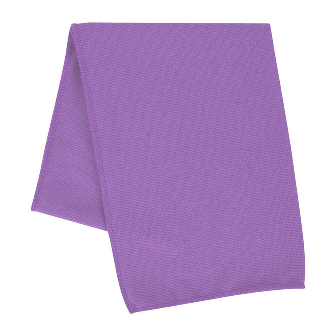 A purple cooling towel with a textured surface, neatly folded. The towel features a logo.