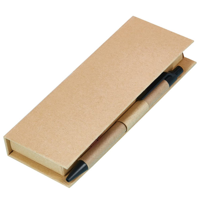 A kraft paper box containing a black pen, designed for stationery storage or gifting.