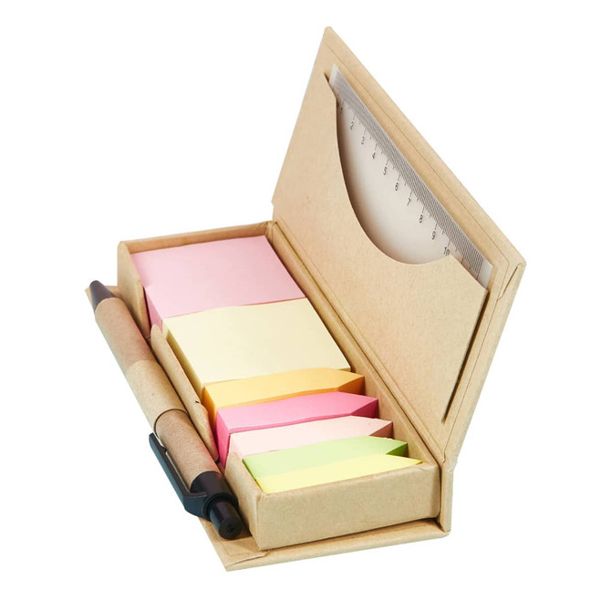 A brown memo holder with sticky notes in pink, yellow, and green, a pen, and a ruler. It features a logo.