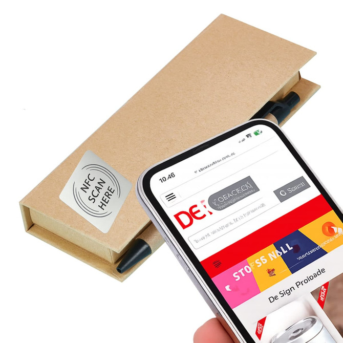 A brown cardboard box containing a pen, with a smartphone displayed for NFC scanning.