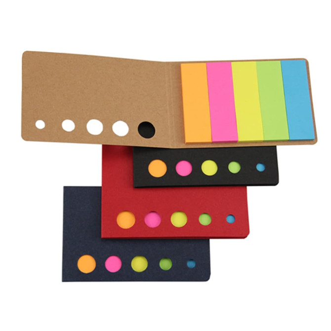 A set of colourful sticky notes in vibrant yellow, green, orange, pink, and purple, presented in a stylish folder.